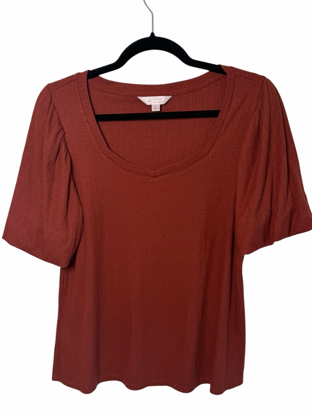 LC Lauren Conrad Ribbed Puff Sleeve Top Rust Cottagecore Romantic L - Picture 2 of 8